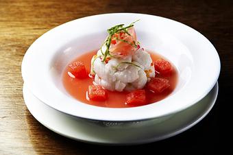 Product: White fish marinated in lime juice, jalapeño peppers, fresh watermelon, pickled ginger - Novecento Brickell in Miami, FL Steak House Restaurants