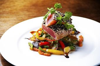 Product: Seared tuna, sauteed bok choy, peppers, shiitake mushrooms, soy glaze - Novecento Brickell in Miami, FL Steak House Restaurants