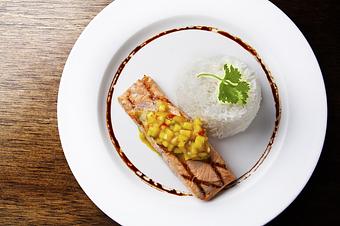 Product: Grilled salmon, jasmine rice, mango cilantro mojo - Novecento Brickell in Miami, FL Steak House Restaurants