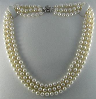 Product: Custom 3 strand Akoya pearl necklace with a 14K white gold filigree clasp - Nunez Fine Jewelers in Virginia Beach, VA Jewelry Stores