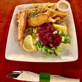 Product: Three-piece Alaskan Amber beer battered. Wild Alaska cod
or Three-piece Alaskan Pollock with red cabbage lettuce& Fries - Orabis Greek Mediterranean Restaurant in Cedar Hill, TX Mediterranean Restaurants