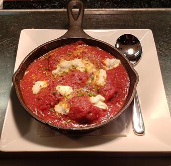 Product: A bowl of small Sicilian style meatballs, tomato sauce and ricotta cheese - Pazzo Pomodoro in Vienna, VA Italian Restaurants