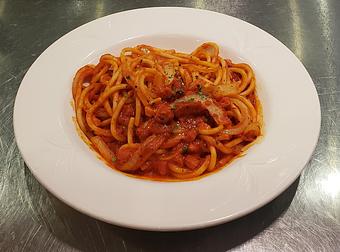 Product: Hollow pasta noodles, pancetta, onion & garlic in a spicy red sauce - Pazzo Pomodoro in Vienna, VA Italian Restaurants
