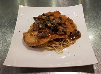 Product: Classic chicken filet served in a Marsala mushroom sauce with pasta - Pazzo Pomodoro in Vienna, VA Italian Restaurants