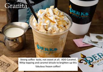 Product: Pictured with added caramel flavor and drizzle, topped with whipped cream. - Perks Coffee Shop & Cafe in Gulfport, MS Bakeries