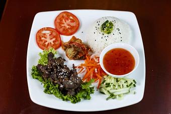 Product: Korean - style BBQ with steamed rice - Pho Street Cafe in Wylie, TX Diner Restaurants