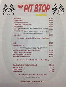 Product: Lunch Menu - Pit Stop Bar & Grill in Barstow, CA Bars & Grills