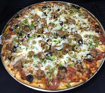 Product: Fresh Italian Sausage, Pepperoni, Canadian Bacon, Onions, Green Peppers, Mushrooms, Black & Green Olives and Extra Mozzarella Cheese - Pizza Man of Columbia Heights in Columbia Heights, MN Italian Restaurants