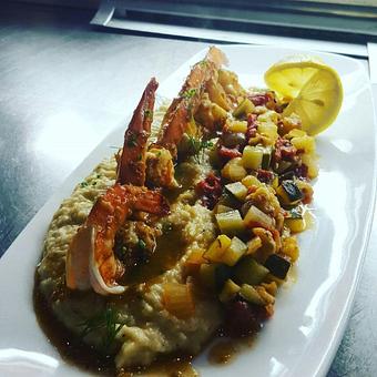 Product: Cajun spiced jumbo shrimp with cheesy grits and vegetable hash - Plates an American Bistro in Palos Verdes Peninsula - Rolling Hills Estates, CA American Restaurants