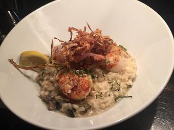 Product: Seared Scallops over Mushroom Risotto - Plaza Grill in Marathon, FL American Restaurants
