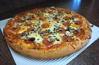 Product: Large (16") Thick Crust Pepperoni, Mushroom, and Sausage Pizza. - Powerhouse Pizza in Camden, OH American Restaurants