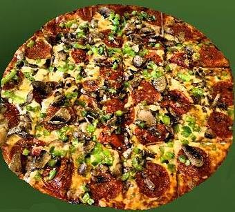 Product: Large (16") Thin Crust Deluxe Pizza - Powerhouse Pizza in Camden, OH American Restaurants