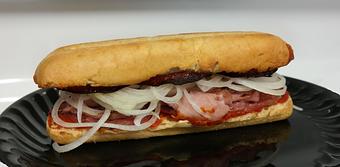 Product: 8" Powerhouse Sub with Sub Meats, Banana Peppers, Onions, Cheese, and Pizza Sauce - Powerhouse Pizza in Camden, OH American Restaurants