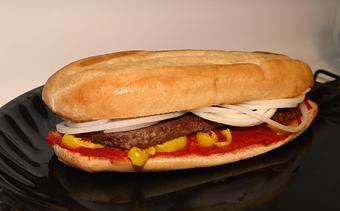 Product: Steak, cheese, pizza sauce, banana peppers, and onions. - Powerhouse Pizza in Camden, OH American Restaurants