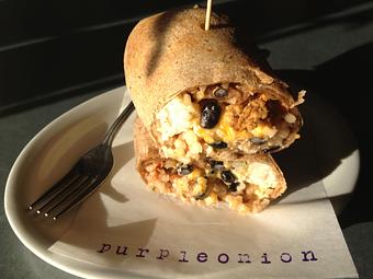 Product: egg whites, potato, black beans, blistered corn, cheddar, spicy crema, organic chicken sausage and whole wheat tortilla - Purple Onion Cafe in Los Gatos / Campbell border - Los Gatos, CA American Restaurants