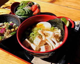 Product: this vegetarian ramen has a clean vegetable broth, tokyo wavy noodles, tofu, mushrooms, green onion, molten egg and sesame seeds - Ramen San in Chicago, IL Japanese Restaurants
