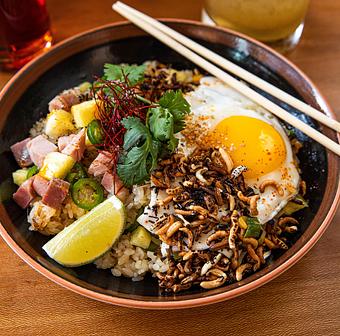 Product: Bacon, pineapple, chili thread, fried egg - Ramen San in Chicago, IL Japanese Restaurants