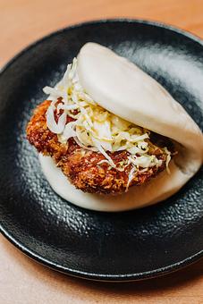 Product: fried chicken, spicy mustard, japanese bbq sauce and kewpie mayo on a steamed bun - Ramen San in Chicago, IL Japanese Restaurants