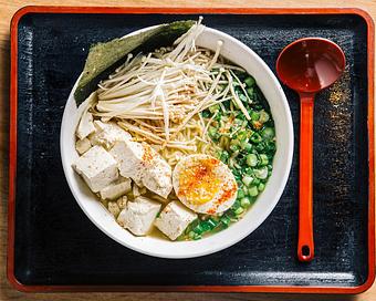 Product: this vegetarian ramen has a clean vegetarian broth, tokyo wavy noodles, tofu, mushrooms, green onion, molten egg and sesame seeds - RAMEN-SAN Whisky Bar in Fulton Market - Chicago, IL Japanese Restaurants