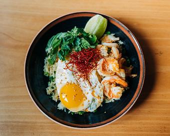 Product: sweet thai sausage, poached shrimp, tomato, scallion, fried egg - RAMEN-SAN Whisky Bar in Fulton Market - Chicago, IL Japanese Restaurants