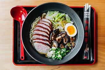 Product: Jade Court's Peking duck in a light bodied roast duck broth - RAMEN-SAN Whisky Bar in Fulton Market - Chicago, IL Japanese Restaurants