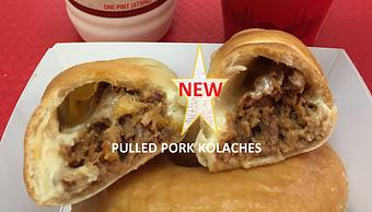 Product: Delcious Pulled Pork and Pepperjack Kolaches baked fresh daily - Rickey Meches Donuts in Lafayette, LA Bakeries