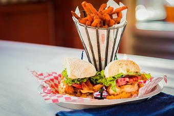 Product: Pimento Cheese BLT and Sweet Potato Fries - Rocky’s Hot Chicken Shack in Asheville, NC American Restaurants