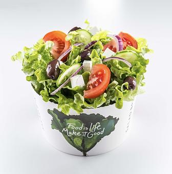 Product: Feta cheese, Cucumbers, Red onion, Black olives, Tomatoes and your choice of Greens Base, Dressing and Croutons or Tortilla Chips Strips - Salad Box in Downtown Miami - Miami, FL Health Food Restaurants