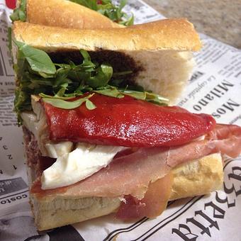 Product: Salumeria Ercolano's Signature Sandwich! The J.F.K. :  Prosciutto, Fresh Mozzarella, Arugula, Roasted Red Peppers, Balsamic Vinaigrette - Salumeria Ercolano in Jersey City, NJ Coffee, Espresso & Tea House Restaurants