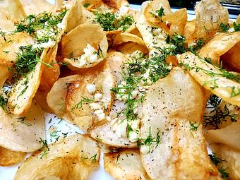 Product: House made potato chips, flash fried and tossed in freshly minced garlic, dill, sea salt & black pepper - Samarkand Restaurant in Feasterville - Feasterville Trevose, PA Seafood Restaurants