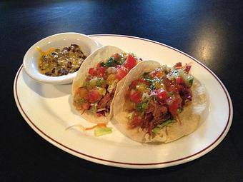 Product: Carnitas Tacos with fruit salsa - Saw Tooth Roadhouse in Hood River, OR American Restaurants