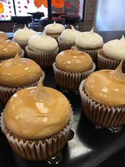 Product: Pumpkin Caramel Macchiato and Pumpkin with Cream Cheese Icing - Saweet Cupcakes in San Antonio, TX Dessert Restaurants