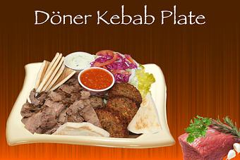 Product: Tender Doner kebab meat (lamb & beef mix OR chicken) served on a plate with special Tzatziki sauce, shredded lettuce, pickled red cabbage, onion, tomato and 7" greek pita with a side dish, choice of falafel, dolma, basmati rice or hummus. - Shondiz Cafe in Right in front of Hard Rock Cafe - Denver, CO Greek Restaurants
