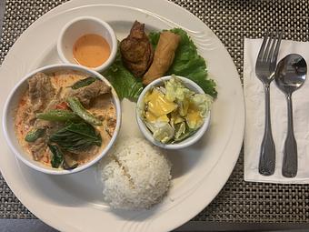 Product: Steamed vegetables with your choice of protein prepared with a red curry sauce - Siam Queen Thai Bistro in Carlsbad, CA Thai Restaurants