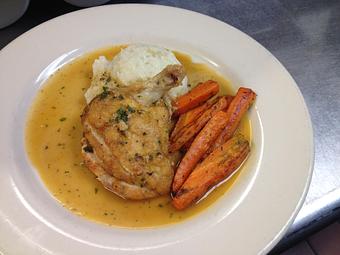 Product: Braised Chicken with roasted carrots and garlic mashed potatoes - Sir Edmond Halley's in Myers Park - Charlotte, NC Hamburger Restaurants