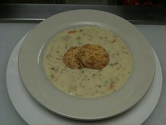 Product: Clam Chowder with cheddar cheese crackers - Sir Edmond Halley's in Myers Park - Charlotte, NC Hamburger Restaurants