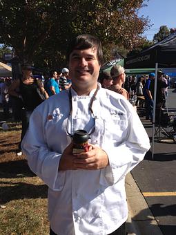 Product: Svend receiving his trophy for his vegetarian chili at the 2013 Dilworth/South End chili cook-off - Sir Edmond Halley's in Myers Park - Charlotte, NC Hamburger Restaurants