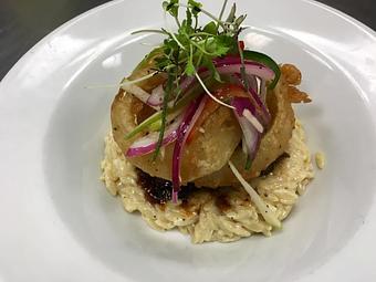 Product: smoked gouda orzo mac-n-cheese, onion rings, apple jalapeno slaw - Skipjack Dining in Shoppes of Louviers - Newark, DE American Restaurants