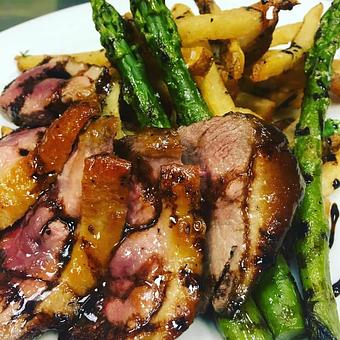 Product: duck fat fries, local asparagus, peach bourbon lacquer, cherry balsamic - Skipjack Dining in Shoppes of Louviers - Newark, DE American Restaurants
