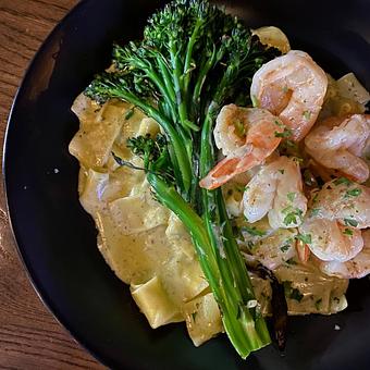 Product: pan-seared shrimp, house-made pesto cream,
broccolini, fresh pappardelle - SKYBOKX 109 Sports Bar & Grill in Across from the Natick Mall - Natick, MA American Restaurants