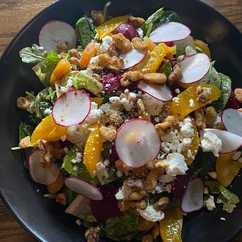 Product: fresh greens, walnuts, beets, feta, apricots, radish,
citrus supreme, raspberry vinaigrette - SKYBOKX 109 Sports Bar & Grill in Across from the Natick Mall - Natick, MA American Restaurants