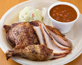 Product: Two Meat Plate with Chicken, Turkey, Potato Salad and Pinto Beans - Smokey Mo’s BBQ in New Braunfels, TX Barbecue Restaurants