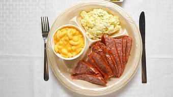 Product: Sausage Plate with Potato Salad and Mac and Cheese - Smokey Mo’s BBQ in New Braunfels, TX Barbecue Restaurants