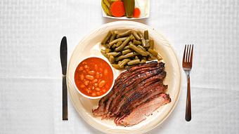 Product: Brisket Plate and Pinto Beans and Green Beans - Smokey Mo’s BBQ in New Braunfels, TX Barbecue Restaurants