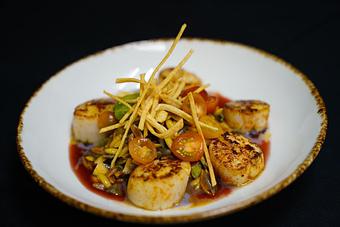 Product: Gun Powder Crusted Scallops
Hibiscus-prickly pear coulis, southwestern orzo pasta with grilled vegetables, and pasilla chili vinaigrette - Stables Ranch Grille - Restaurant-Reservations in Tubac, AZ American Restaurants