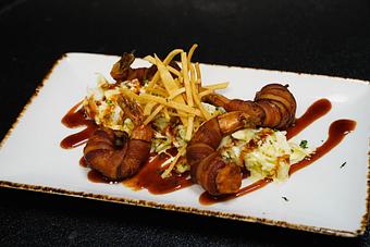 Product: Bacon-Wrapped Shrimp
Chipotle BBQ drizzle, pineapple-mango slaw, and tortilla frizzles - Stables Ranch Grille - Restaurant-Reservations in Tubac, AZ American Restaurants