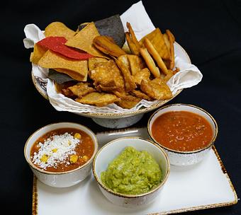 Product: The Tubac Tres
- Street corn salsa with cotija cheese
- Salsa barbacoa with chipotle chili
- Green chili & tomatillo guacamole 
- Frybread, corn, and flour chips - Stables Ranch Grille - Restaurant-Reservations in Tubac, AZ American Restaurants