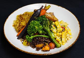 Product: Red quinoa, crispy fingerling potatoes, spaghetti squash, and caramelized onions, rainbow carrots, broccolini, street corn relish - Stables Ranch Grille - Restaurant-Reservations in Tubac, AZ American Restaurants