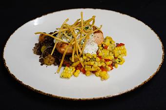 Product: Grilled Salmon
Grilled street corn relish, red quinoa with heirloom tomatoes, cilantro crema, tortilla frizzles - Stables Ranch Grille - Restaurant-Reservations in Tubac, AZ American Restaurants