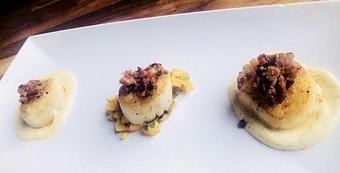 Product: Scallops (Mango salsa, garlic cream and spicy aioli topped with bacon) - Station 16 in Sacramento, CA Bars & Grills